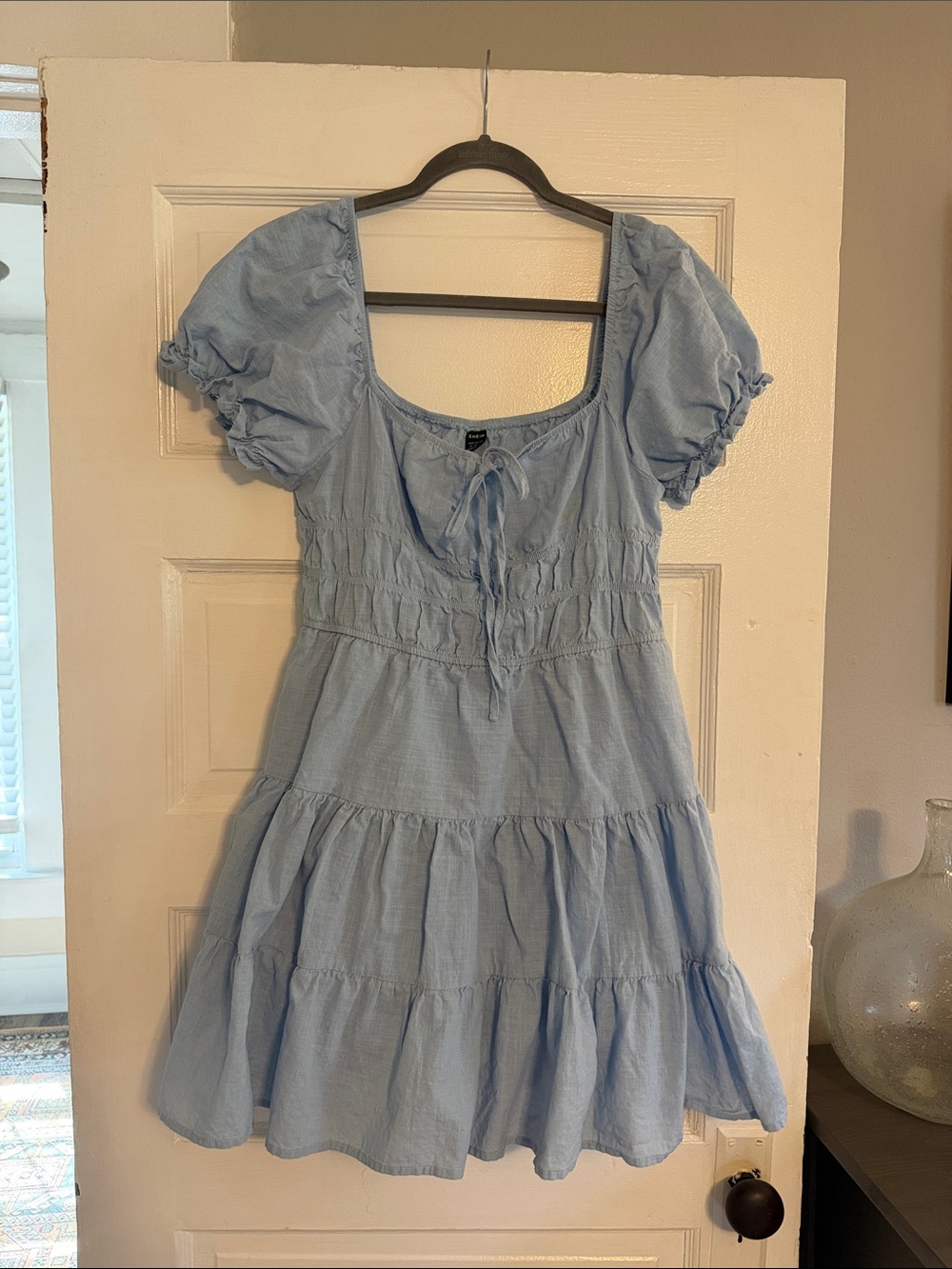 SHEIN Light Blue Puff-Sleeve Tiered Mini Dress